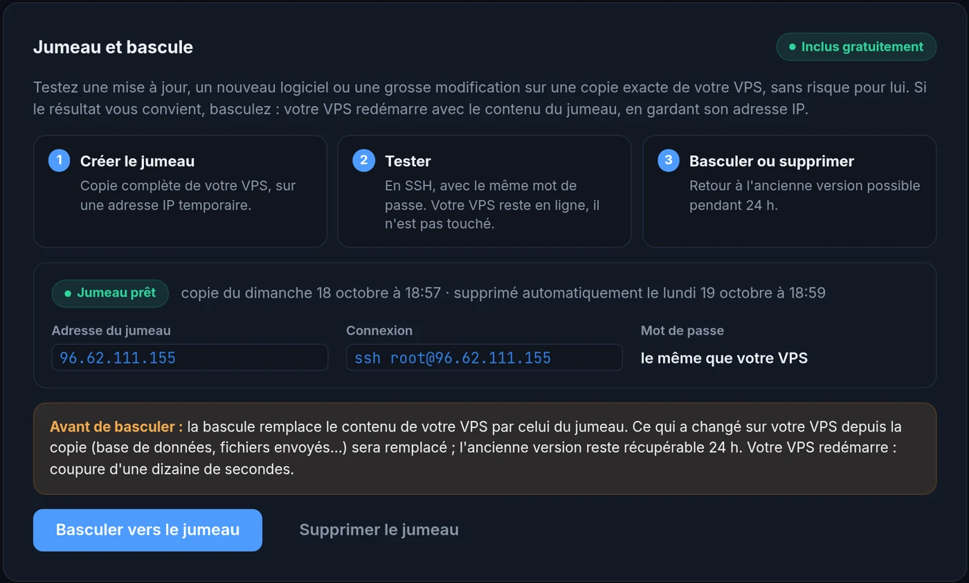 Le jumeau prêt, dans la page du VPS