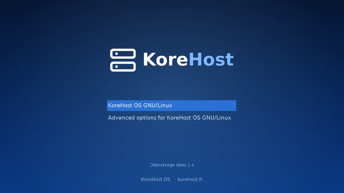 Le menu de démarrage de KoreHost OS