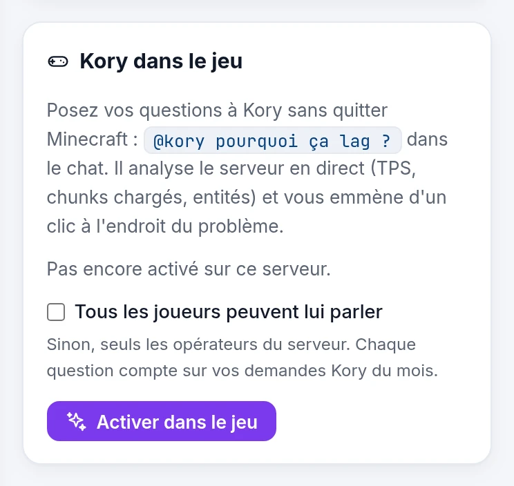 La carte Kory dans le jeu, dans l'onglet Kory IA du panel