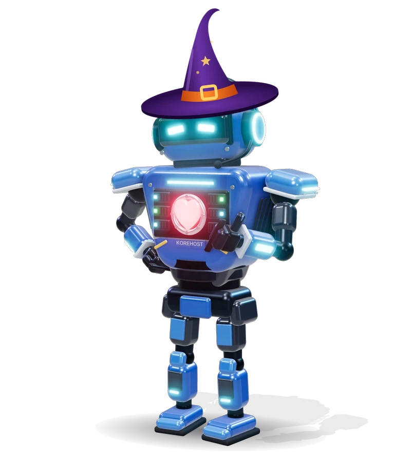Kory, la mascotte de KoreHost, en chapeau de sorcière pour Halloween